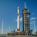 Shot of a Launch Pad Complex: Successful Rocket Launching with Crew on a Space Exploration Mission. Flying Spaceship Blasts Flames and Smoke on a Take-Off. Humanity in Space, Conquering Universe.