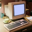 Retro interior office desk in dark room with simulator object