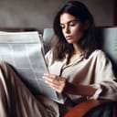 A young woman sitting in an armchair reading newspaper