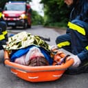 Emergency worker next to a woman lying on stretcher covered with tinfoil