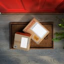 Express delivery boxes outside front door are easy to steal. Overhead view. Add your own copy and label