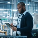 An engineer looking at a tablet in a car factory