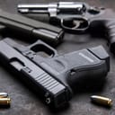 Different pistols and ammunition on a dark surface
