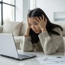 An exhausted Asian woman with a laptop, holding her head.