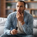 Surprised man holding a remote control watching television