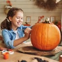 Small girl carving out a large pumpkin