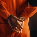 A man in an orange prison suit with his hands handcuffed behind his back