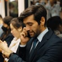 Close-up of a cheerful businessman talking on the phone while riding a train and checking his watch.