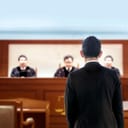 Back view of a man talking to judges in a courtroom