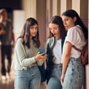Three school girls standing by the wall gossiping while looking at a phone