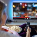 woman relaxing at home and watching TV in the evening
