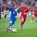 Luka Modric and João Moutinho during a Croatia vs. Portugal football game on June 10th, 2013.