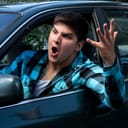 Angry driver sticking his head and arm out of the window angrily