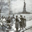 Vintage drawing of people arriving to USA on a boat. Statue of Liberty can be seen in the background