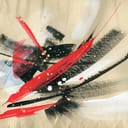 an abstract painting using red, black and white colors on an old paper
