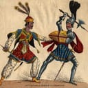 A historical battle scene depicting a fight between a Crusader soldier and a Muslim soldier around the year 1250.