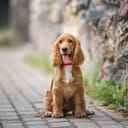 A red English Cocker Spaniel puppy sitting outdoors by a wall.