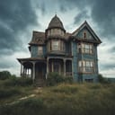 Close-up of a haunted house designed with ancient architectural features.