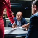 middle-aged man looking at evidence at a police station during a criminal investigation with two detectives interrogating him