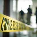 crime scene tape with blurred forensic law enforcement background in cinematic tone and copy space