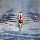 Rowing boat team in action in water