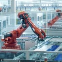 Orange Industrial Robot Arm at Production Line at Modern Bright Factory