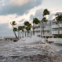 turbulent ocean waves hitting the Key West, Florida shoreline during a glancing blow from a hurricane at sunrise