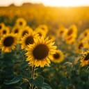 a field of sunflowers captured during sunset