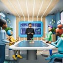 A man standing in a virtual room with a group of avatars