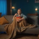 Horror film. Shocked young woman watching a scary movie on TV at home and eating popcorn. A woman, covering her legs with a blanket, sits on a sofa with popcorn in her hands.