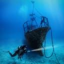 A scuba diver diving around a sunken ship