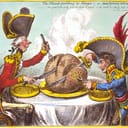 William Pitt, wearing a regimental uniform and hat, sitting at a table with Napoleon. They are each carving a large plum pudding on which is a map of the world.
Pitt's slice is considerably larger than Napoleon's