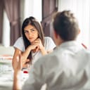 Worried woman doubting.Angry female despise partners actions,agitated person having relationship problems.Revealing the truth.Wandering,not listening conversation.Not convinced.First impression
