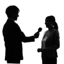Black and white photos of a woman being interviewed by a man