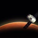 Cargo spaceship in the space and MARS dusk on the background. Astronomy and deep space conception. Colonization of Mars. Elements of this image furnished by NASA