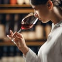 close-up of a female sommelier smelling red wine in a glass while being in a wine cellar