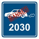 Artistic depiction of a sign banning fossil fuel cars by 2030