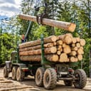 Close-up of a truck being loaded with timber in the forest, utilizing a portable crane to handle the logs.