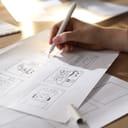 close-up of a woman sketching cartoon drawings at her desk