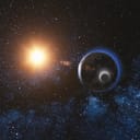 A 3D animation of a rotating Earth and its Moon during sunrise, set against the Milky Way with myriad stars.