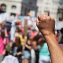 male fist in the air at a protest