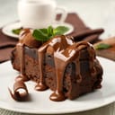 A piece of chocolate cake with mint garnish on a plate