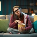 Bored girl sitting on sofa eating popcorn in front of a TV set