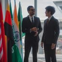 Two diplomats talking near different countries' flags