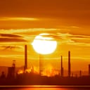 Industrial buildings at sunset