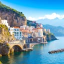 Morning view of Amalfi cityscape on coast line of mediterranean sea, Italy
