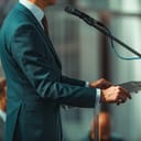 A man dressed in a suit standing before a microphone, ready to deliver a speech.