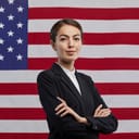 A woman in a suit crossing her arms with a US flag in the background