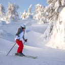person skiing in the snowy landscapes of Lapland, Finland
