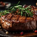 A roasted steak with rosemary and pepper garnish